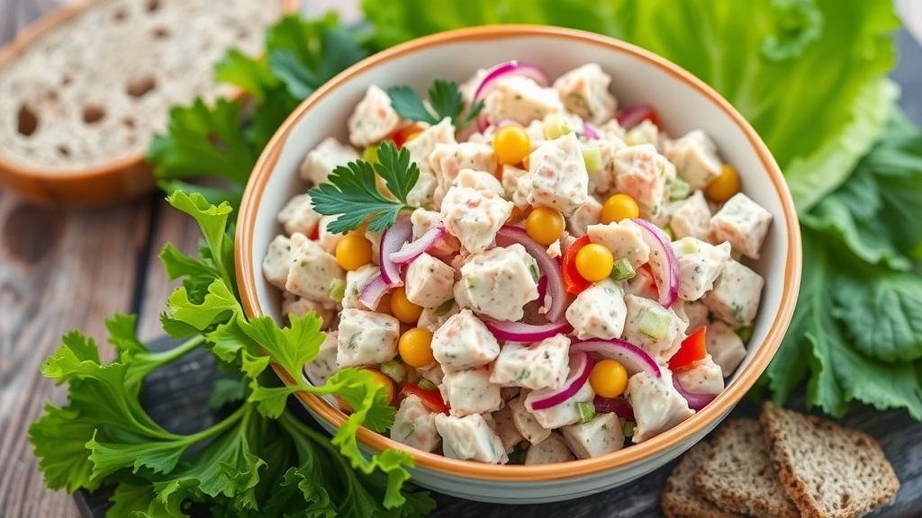 Classic Tuna Salad with Fresh Vegetables A bowl of tuna salad with vegetables, served with lettuce and bread on a wooden table.